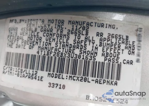 2003 Toyota Avalon Xl из США, поврежденный, VIN 4T1BF28BX3U301635